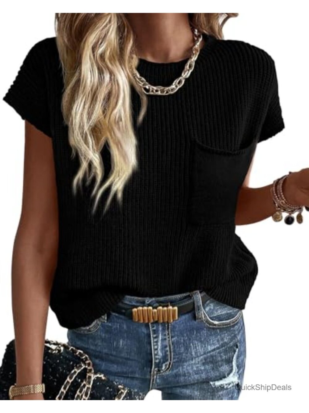 Women's Cap Sleeve Crochet Knit Sweater Top Cotton Casual Pullover